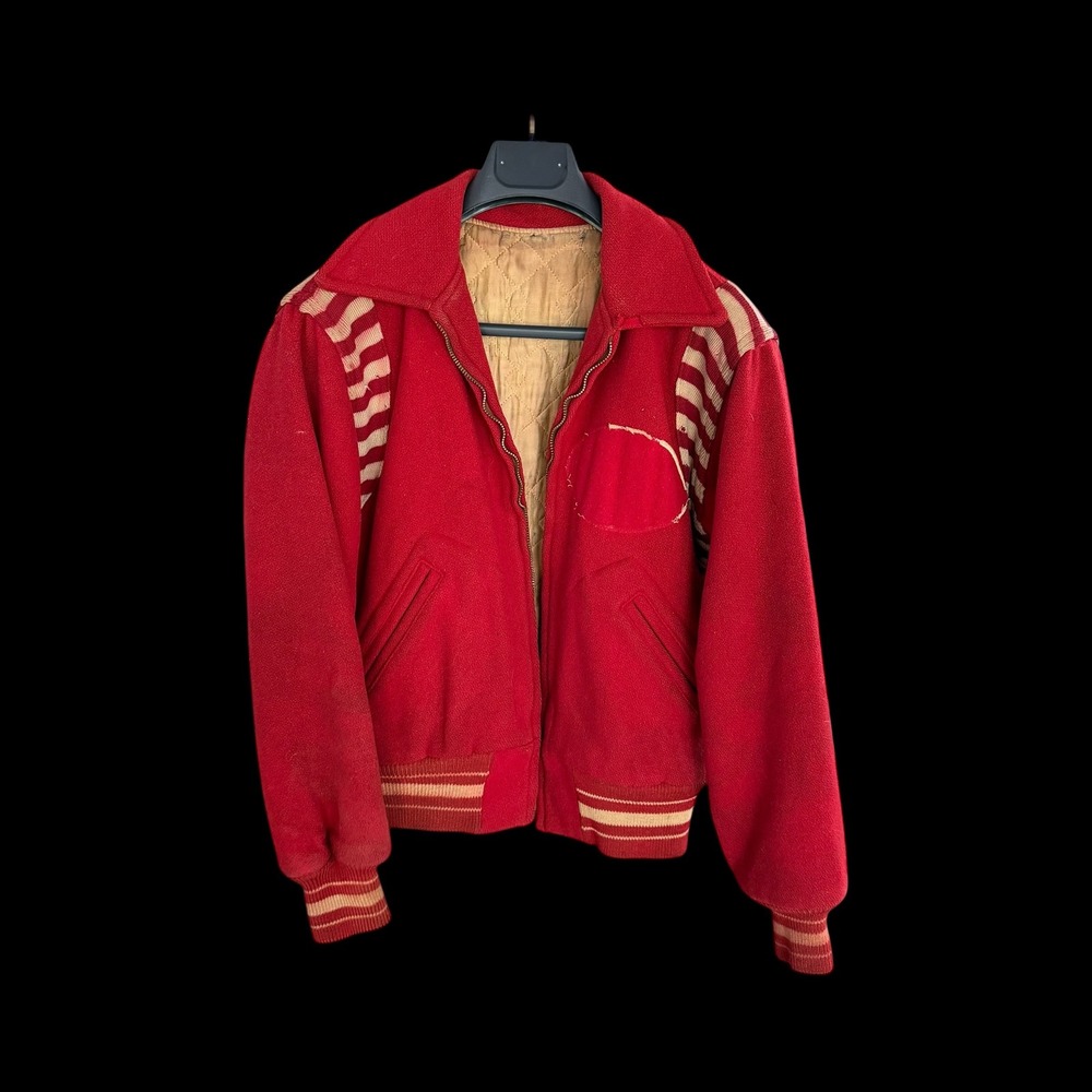Vintage 50's Red Wool‎ Varsity Bomber Jacket Striped Trim Broken Zip Mens Small
